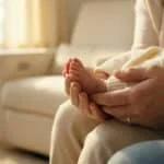 Un parent tient délicatement les petits pieds d'un bébé enveloppé dans une couverture, dans une atmosphère chaleureuse.