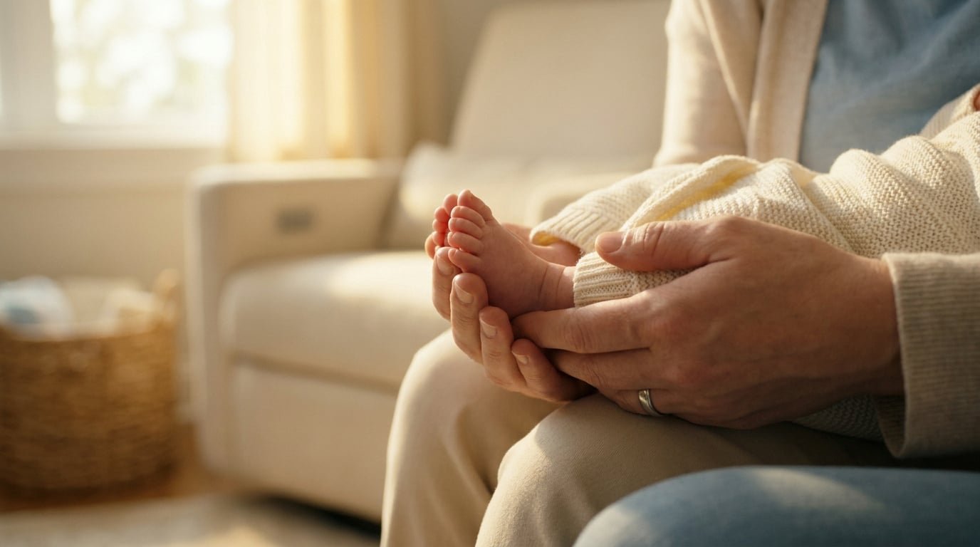 Un parent tient délicatement les petits pieds d'un bébé enveloppé dans une couverture, dans une atmosphère chaleureuse.