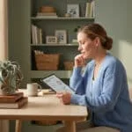 Une femme en gilet bleu consulte des documents financiers sur une tablette dans un intérieur calme et lumineux.