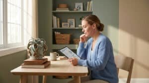 Une femme en gilet bleu consulte des documents financiers sur une tablette dans un intérieur calme et lumineux.