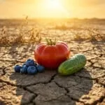 Une tomate, un concombre et des myrtilles sur une terre aride et craquelée sous un soleil de plomb.