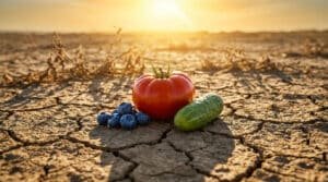 Une tomate, un concombre et des myrtilles sur une terre aride et craquelée sous un soleil de plomb.