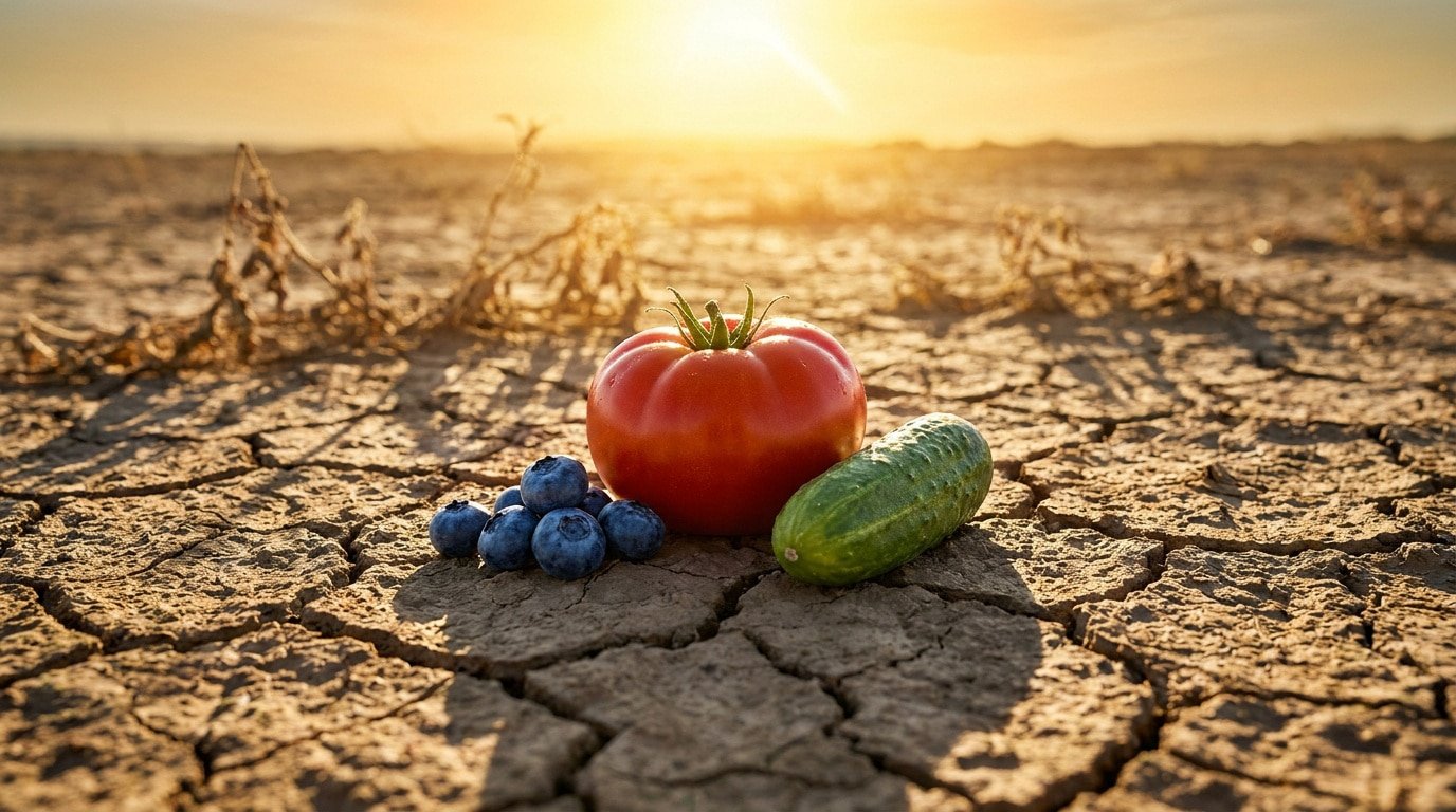 Une tomate, un concombre et des myrtilles sur une terre aride et craquelée sous un soleil de plomb.