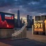 Graphiques financiers montrant la baisse de la bourse, la hausse du pétrole et des taux d'intérêt devant Manhattan.