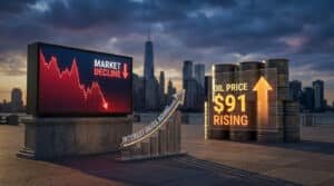 Graphiques financiers montrant la baisse de la bourse, la hausse du pétrole et des taux d'intérêt devant Manhattan.