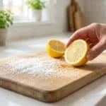 Une main frotte une planche en bois avec un demi-citron et du gros sel pour éliminer les odeurs dans une cuisine.