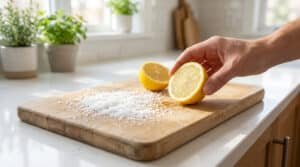 Une main frotte une planche en bois avec un demi-citron et du gros sel pour éliminer les odeurs dans une cuisine.