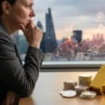 Une personne regarde par une fenêtre avec des graphiques d'inflation et des lingots d'or sur son bureau.