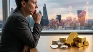 Une personne regarde par une fenêtre avec des graphiques d'inflation et des lingots d'or sur son bureau.