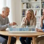 Trois personnes discutent autour d'une table avec un calendrier numérique affichant une pause entre septembre et octobre.