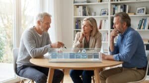 Trois personnes discutent autour d'une table avec un calendrier numérique affichant une pause entre septembre et octobre.