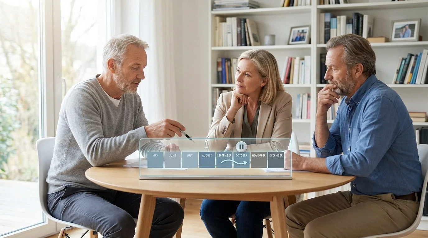 Trois personnes discutent autour d'une table avec un calendrier numérique affichant une pause entre septembre et octobre.