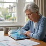Femme âgée consultant une tablette avec un graphique financier montrant un plafond de ressources.