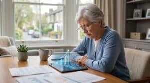Femme âgée consultant une tablette avec un graphique financier montrant un plafond de ressources.