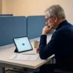 Un homme d'âge mûr réfléchi regarde son calendrier sur une tablette dans un bureau moderne.