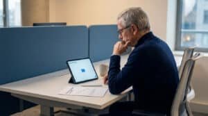 Un homme d'âge mûr réfléchi regarde son calendrier sur une tablette dans un bureau moderne.