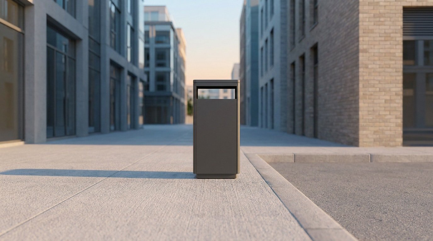 Une poubelle urbaine grise isolée sur un trottoir au milieu d'immeubles modernes.