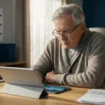 Un homme âgé aux cheveux gris portant des lunettes consulte des données financières sur une tablette numérique.