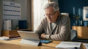 Un homme âgé aux cheveux gris portant des lunettes consulte des données financières sur une tablette numérique.