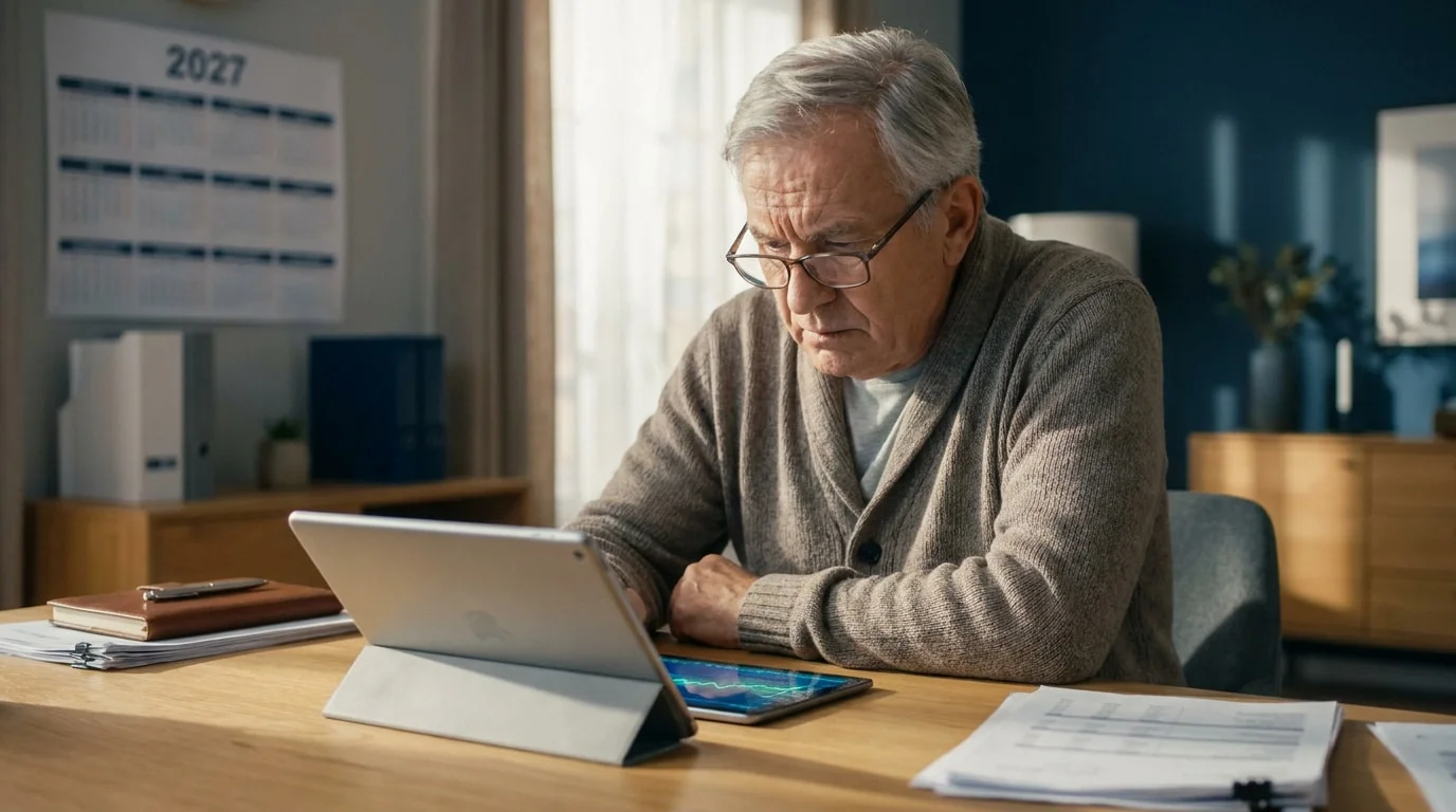 Un homme âgé aux cheveux gris portant des lunettes consulte des données financières sur une tablette numérique.