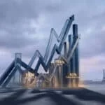 Graphique 3D montrant la dette publique française avec des barres et des courbes ascendantes devant la tour Eiffel.