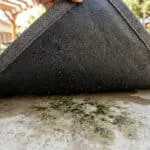 Une main soulève un tapis de terrasse gris en plastique révélant de l'humidité et des taches de moisissure sur le béton.