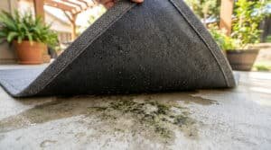 Une main soulève un tapis de terrasse gris en plastique révélant de l'humidité et des taches de moisissure sur le béton.