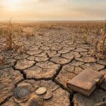 Un champ desséché avec des fissures, un vieux livre et des pièces de monnaie anciennes sous un ciel au coucher du soleil.
