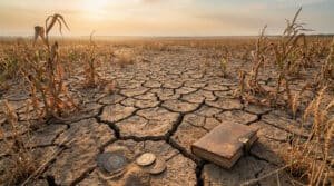 Un champ desséché avec des fissures, un vieux livre et des pièces de monnaie anciennes sous un ciel au coucher du soleil.