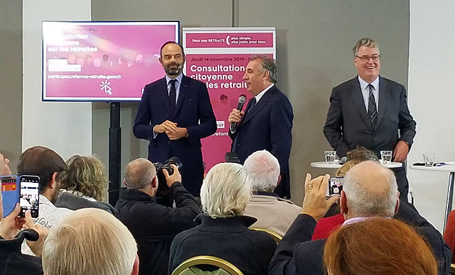 Edouard Philippe, premier ministre, François Bayrou, maire de Pau et Jean-Paul Delevoye, haut commissaire à la réforme des retraites