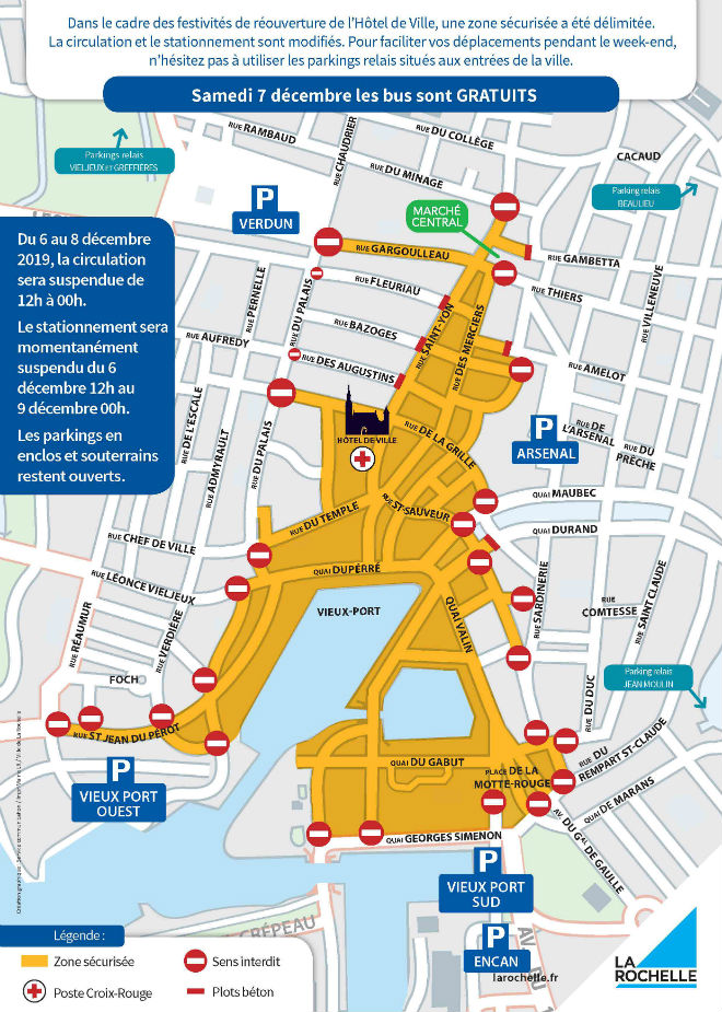 Carte des rues fermées à la circulation les 6, 7 et 8 décembre